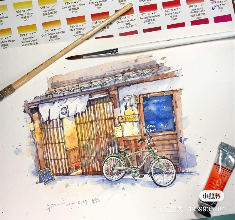 Watercolor sketch of a century-old coffee shop in Kurashiki, Japan - Illustration, Painting & Calligraphy - Paper 