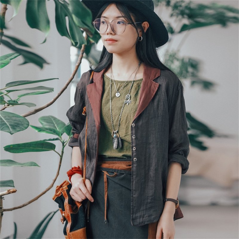漿果紫色 苧麻輕薄拼色西裝 復古外套小衫 - 女西裝外套 - 棉．麻 紫色