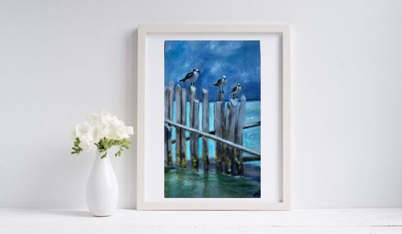 Seagulls original oil painting on canvas 12*20 cm wall art landscape - ตกแต่งผนัง - วัสดุอื่นๆ หลากหลายสี