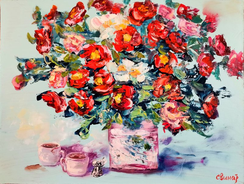 Red White Roses Coffee Candy Oil Painting Impasto Original Artist Svinar Oksana - อื่นๆ - วัสดุอื่นๆ หลากหลายสี