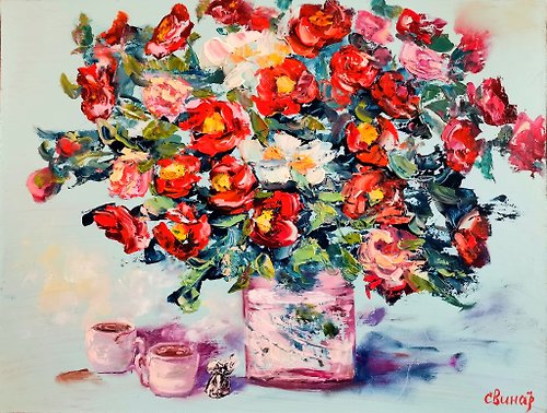 Original oil painting artist Svinar Oksana Red White Roses Coffee Candy Oil Painting Impasto Original Artist Svinar Oksana