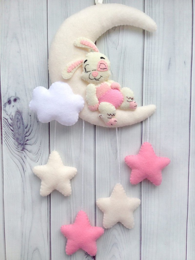 Rabbit Girl Baby Mobile, Bunny Felt Moon, Nursery Wall Decor, Hare, Crib Mobile - Wall Décor - Eco-Friendly Materials Pink