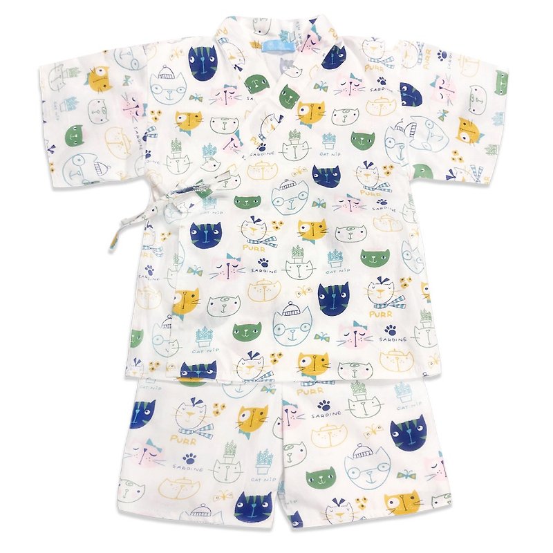 Children's Japanese Shinpei Yukata Home Wear Set Cat Cat - Tops & T-Shirts - Cotton & Hemp White