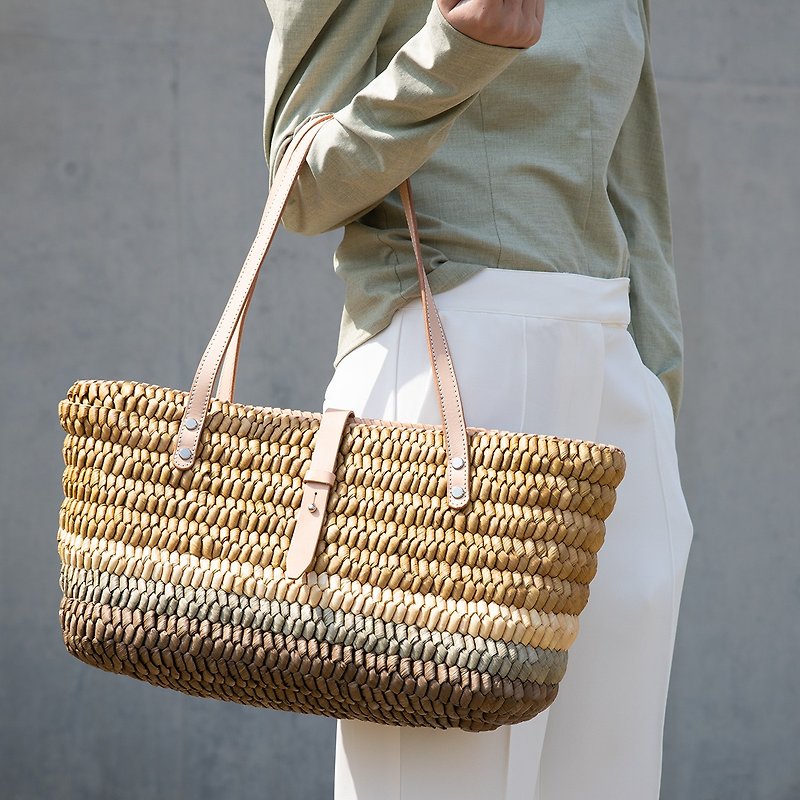 Handmade Straw and Vegetable Tanned Leather Tote Bag - Handbags & Totes - Plants & Flowers 