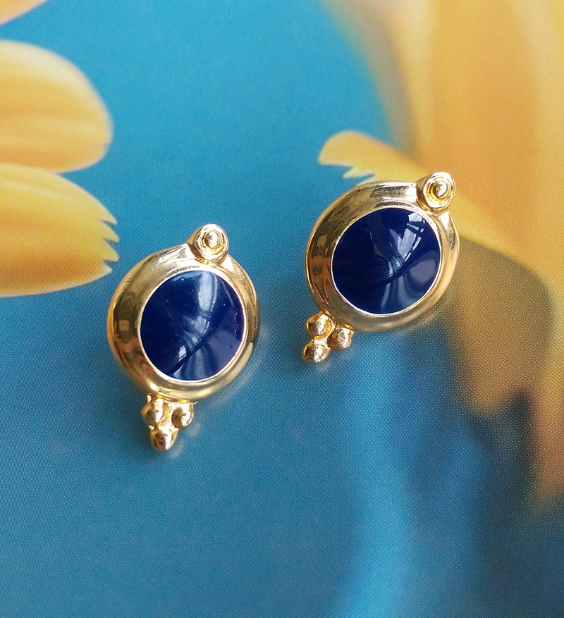 Vintage Jewelry 西洋古董飾品 復古深藍 針式耳環 - 耳環/耳夾/耳骨夾 - 其他金屬 透明