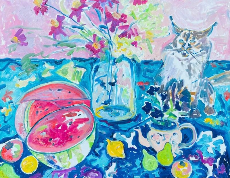 夏季花園油畫抽象藝術品貓肖像西瓜和花卉靜物 - 壁貼/牆壁裝飾 - 其他材質 藍色