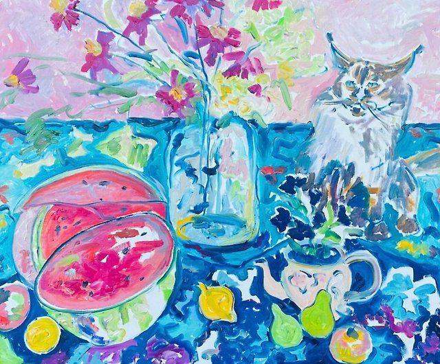 サマー ガーデン アートワーク上の原 抽象油絵 静物画 フォービズム 猫