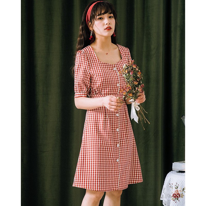 [6.5 full set of 10 fold] women's summer wear diamond collar plaid dress dress YWX9222 - One Piece Dresses - Polyester Red