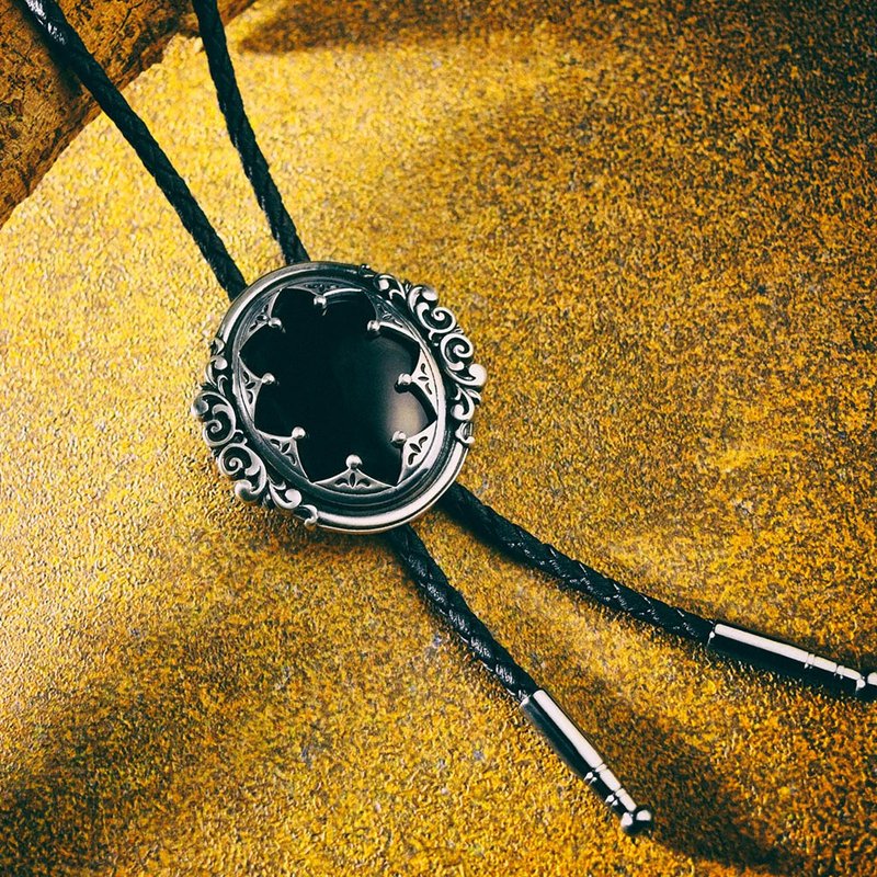 Tang grass pattern black onyx Paul tie Bolo Tie leather necklace leather rope tie long necklace - เนคไท/ที่หนีบเนคไท - หนังเทียม สีดำ