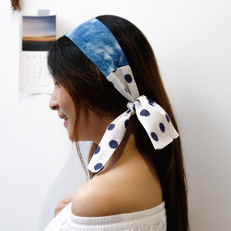 Free shipping blue dye remix printing headband retro polka dot fight blue dye polka dot blue dye hair tie with bag decoration - ที่คาดผม - ผ้าฝ้าย/ผ้าลินิน สีน้ำเงิน