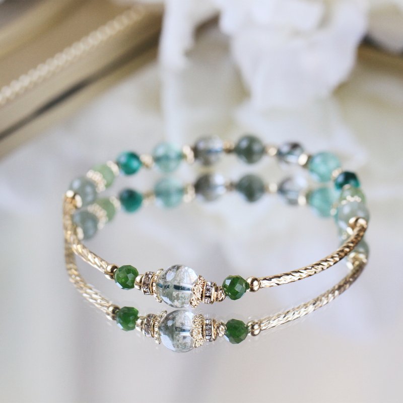 Green ghost green hair crystal green strawberry crystal Stone. All-round Career Wealth and Prosperity Crystal Bracelet - Bracelets - Crystal Green