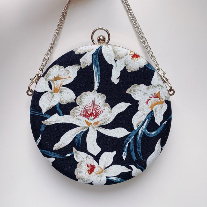 White Orchid Small Round Bag-Can be held in hand / cross-back dual-use - Messenger Bags & Sling Bags - Cotton & Hemp Blue