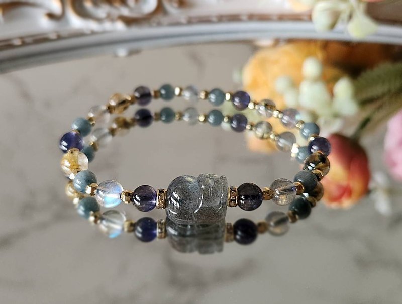 Labradorite Pixiu|Labradorite|Cordierite|Grey Rabbit Hair|Titanium Crystal Belt Mother Mineral|Crystal Beads|Bracelet - สร้อยข้อมือ - คริสตัล สีเทา