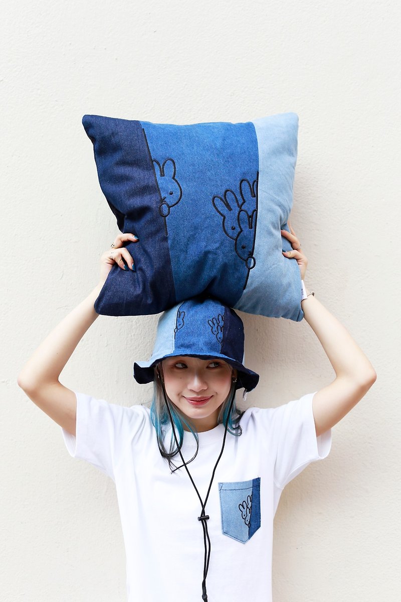 【Pinkoi x miffy】Miffy blue denim patchwork Cushion - หมอน - ผ้าฝ้าย/ผ้าลินิน สีน้ำเงิน