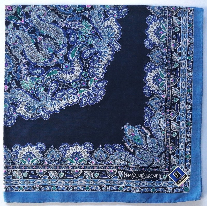 Yves Saint Laurent Vintage Handkerchief Blue Motifs 22 x 22 inches - Handkerchiefs & Pocket Squares - Cotton & Hemp Blue