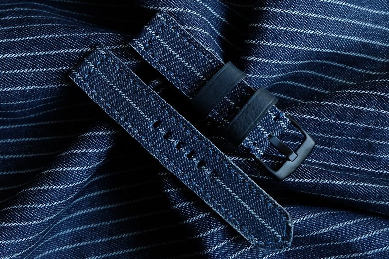 Watch strap Denim white line, lining the back with Italian leather Watch strap - 錶帶 - 棉．麻 藍色