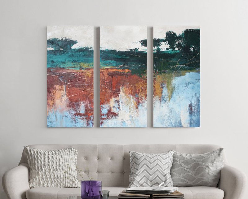 Painting green abstract set of 3 wall art abstract | Northern Forest 3 Triptych - 壁貼/牆壁裝飾 - 棉．麻 綠色