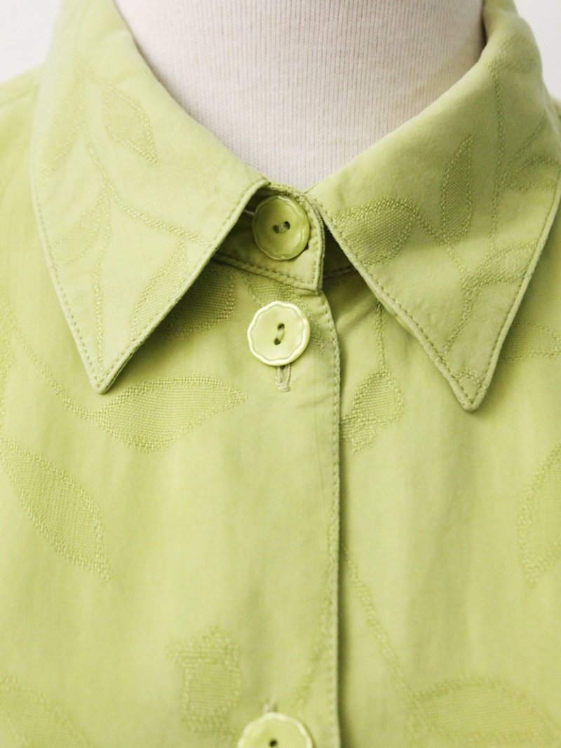 復古葉子刺繡印花蘋果綠短袖90s歐洲古著襯衫 European Vintage Blouse - 女襯衫 - 聚酯纖維 綠色