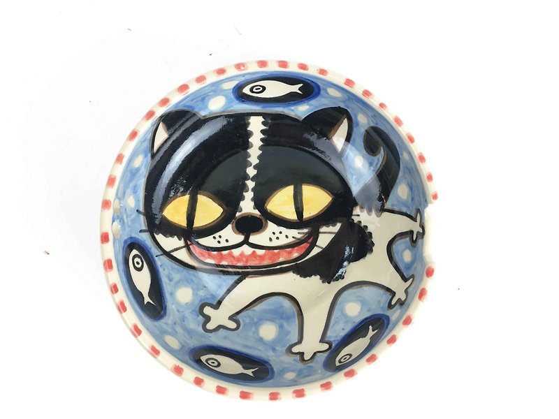 Nice Little Clay handmade shallow bowl happy cat 02011-05 - ถ้วยชาม - ดินเผา สีน้ำเงิน