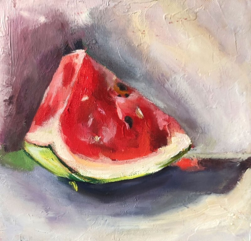 Watermelon Art Original Oil Painting Melon Artwork Berry Kitchen Wall Art - 海報/掛畫/掛布 - 環保材質 多色