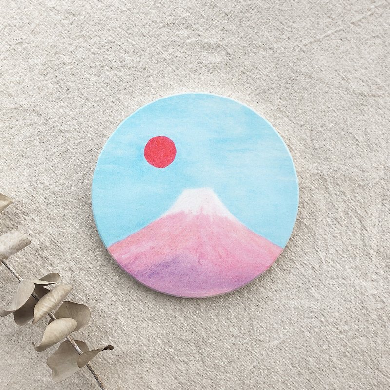 Red Sun Fuji-Ceramic Water Coaster - ที่รองแก้ว - ดินเผา สึชมพู