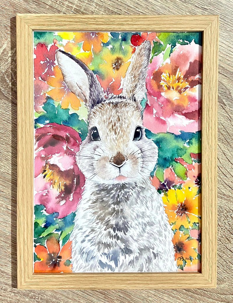 Golden Rabbit with Flowers/Watercolor (including wooden frame 21x29 cm) - โปสเตอร์ - กระดาษ 