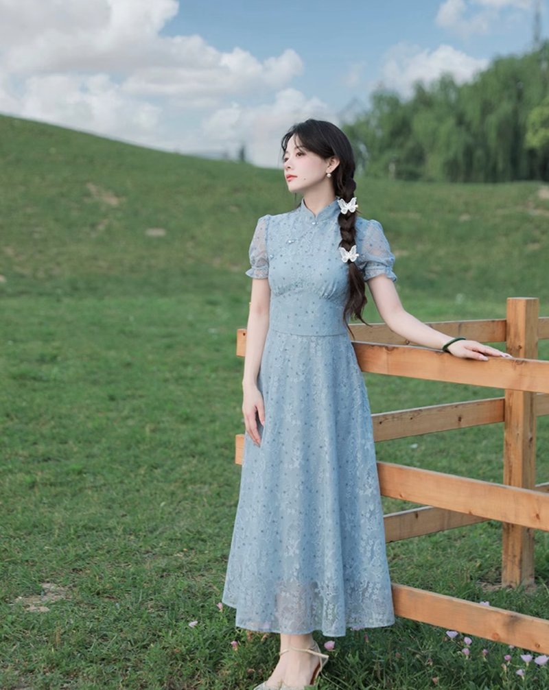 Blue Danube New Chinese Retro Stand Collar Dress - ชุดเดรส - วัสดุอื่นๆ สีน้ำเงิน