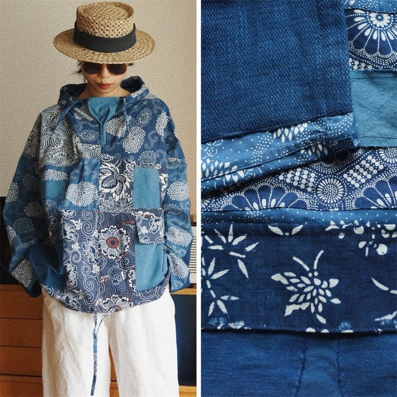 Plant indigo dyed handwoven fabric smock unisex hooded smock blue printed patchwork style jacket - เสื้อแจ็คเก็ต - ผ้าฝ้าย/ผ้าลินิน สีน้ำเงิน