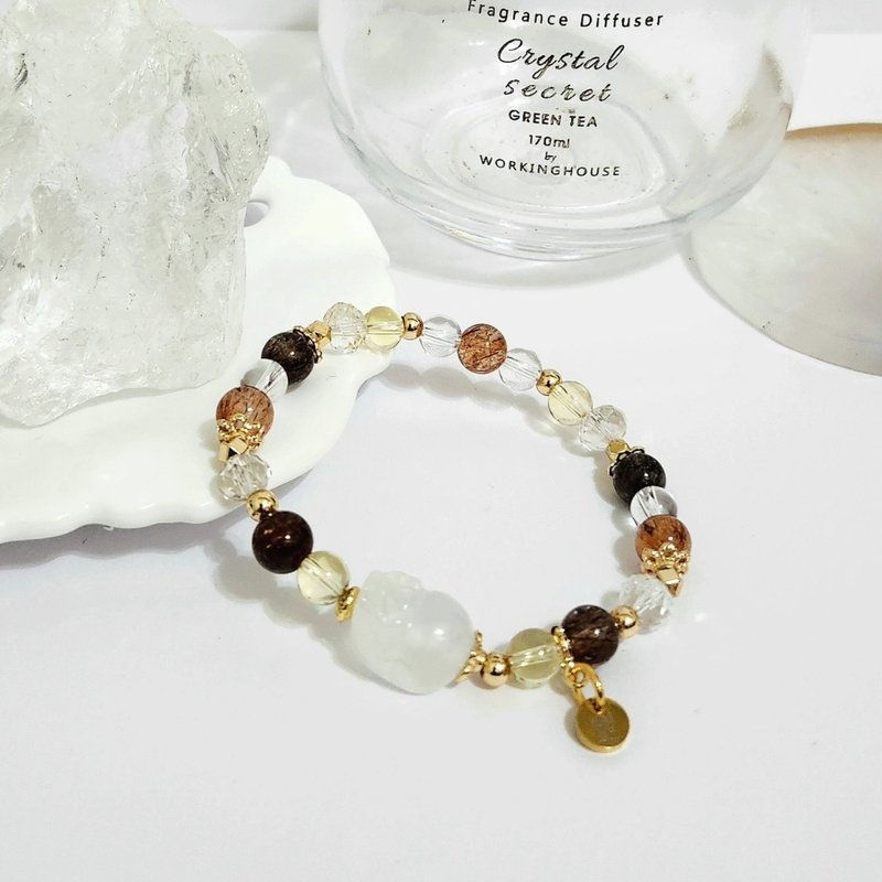 白水晶貔貅設計手鍊/招財聚財、平衡情緒、避邪之搭配水晶 - 手鍊/手環 - 水晶 咖啡色