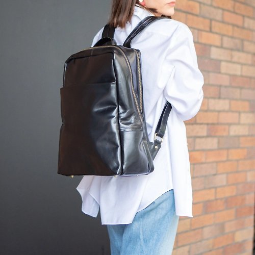 Leather Goods Shop Hallelujah 日本設計 真皮後背包 筆電包 防水 強收納力 耐用縫合技術 黑色