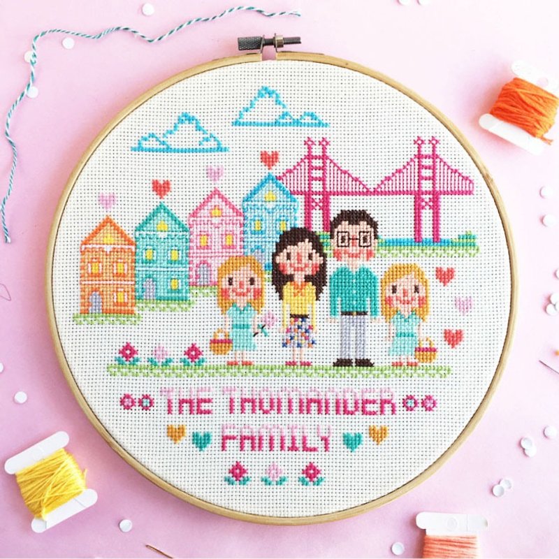 Custom Cross Stitch KIT Custom Family Portrait 8inch Hoop KIT Family & Couples - Knitting, Embroidery, Felted Wool & Sewing - Cotton & Hemp Multicolor