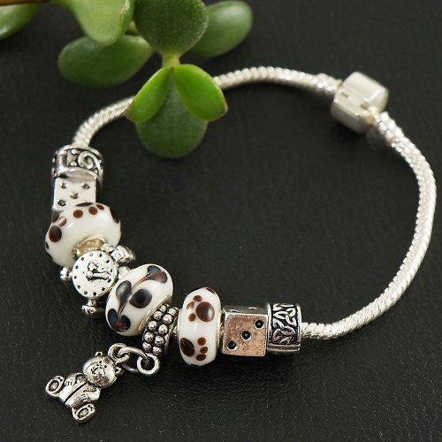 AGATIX Black and White Lampwork Glass Silver Bear Euro Charm Domino Bracelet Jewelry