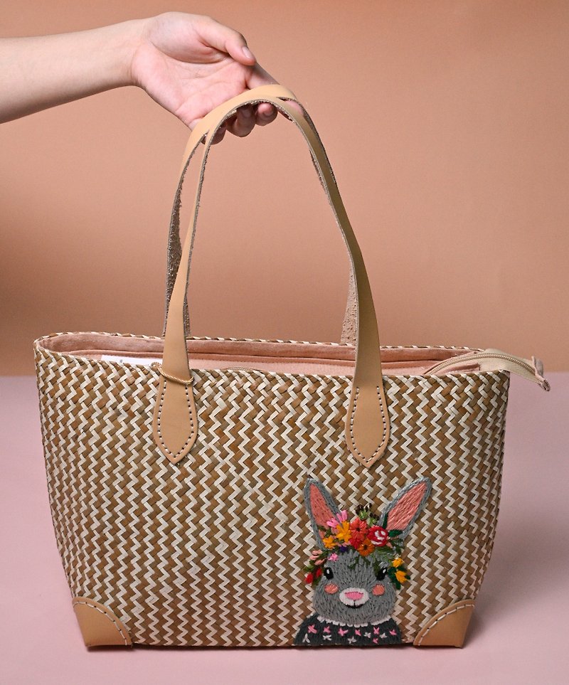 Krajood shoulder bag embroidered gray rabbit - Handbags & Totes - Plants & Flowers Brown