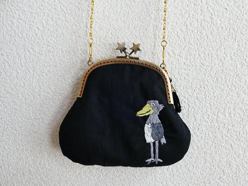 Embroidered Gamaguchi Handbag Shoebill - Handbags & Totes - Cotton & Hemp Black
