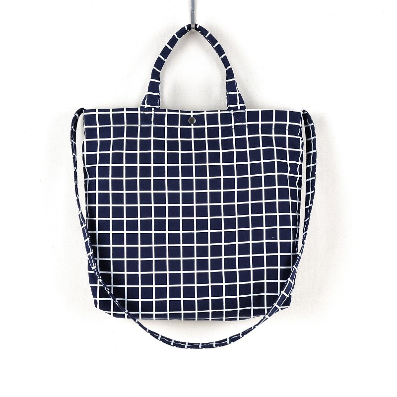 Canvas Bag navy plaid white line. - Messenger Bags & Sling Bags - Cotton & Hemp Blue