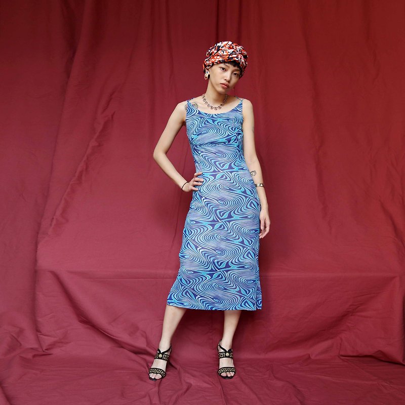 南瓜Vintage。古著 藍色 迷幻 印花 交叉露背 性感 洋裝 - 連身裙 - 聚酯纖維 藍色