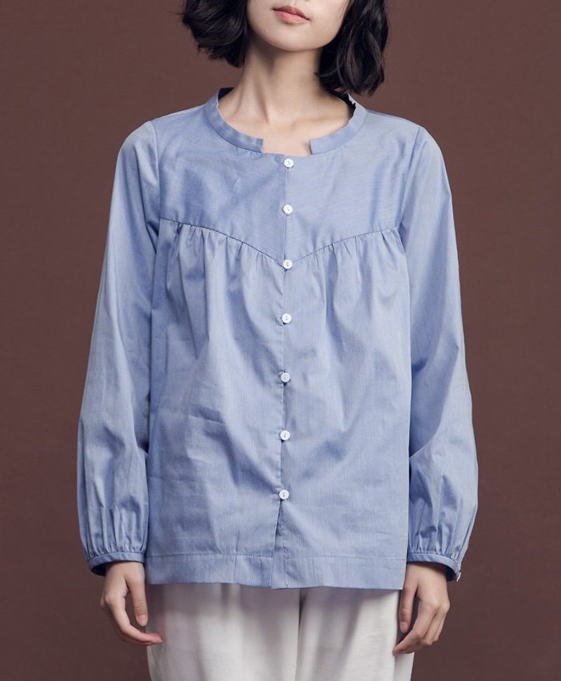 Morning coast small round collar shirt - เสื้อเชิ้ตผู้หญิง - ผ้าฝ้าย/ผ้าลินิน สีน้ำเงิน