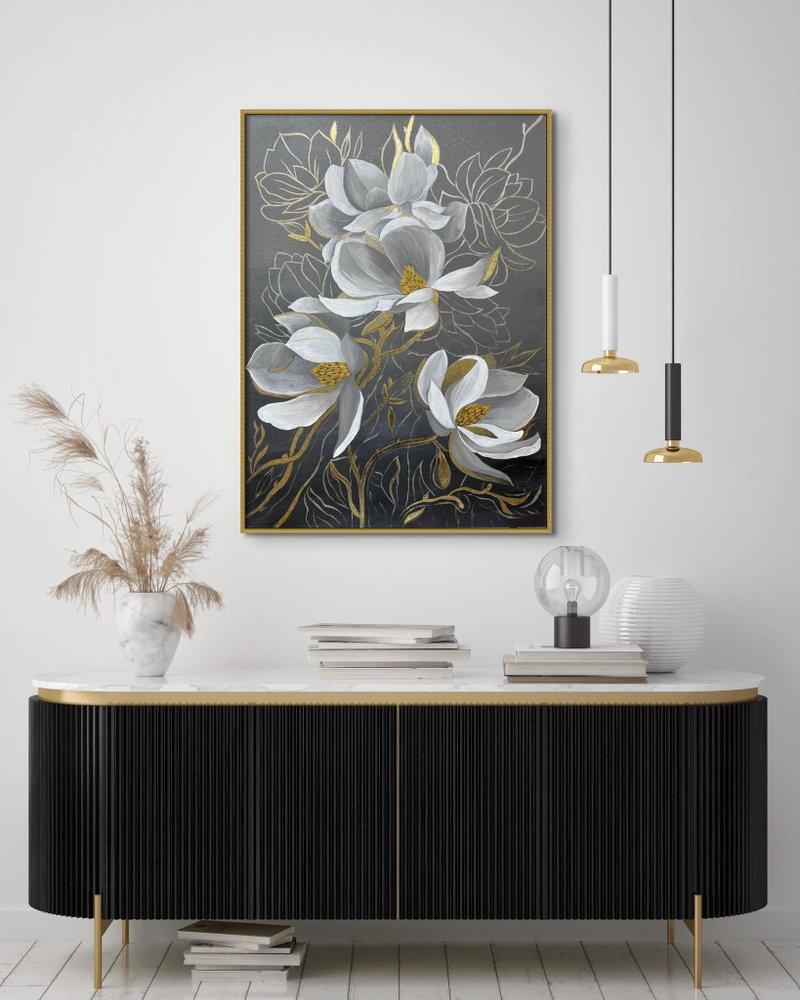 Abstract gray Flowers painting on canvas Textured painting Wall for Living room - 壁貼/牆壁裝飾 - 棉．麻 灰色