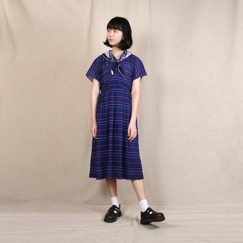 [Vintage] egg plant ripple sea blue printed short-sleeved vintage dress - One Piece Dresses - Polyester Blue