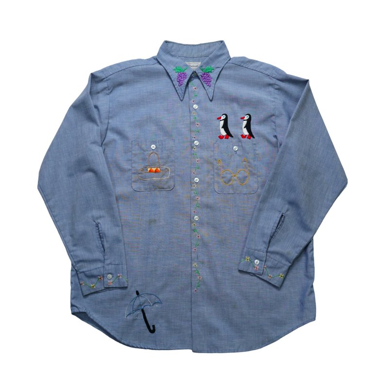 70S MADEWELL 企鵝與小花手工刺繡青年布襯衫 - 男襯衫/休閒襯衫 - 其他材質 藍色