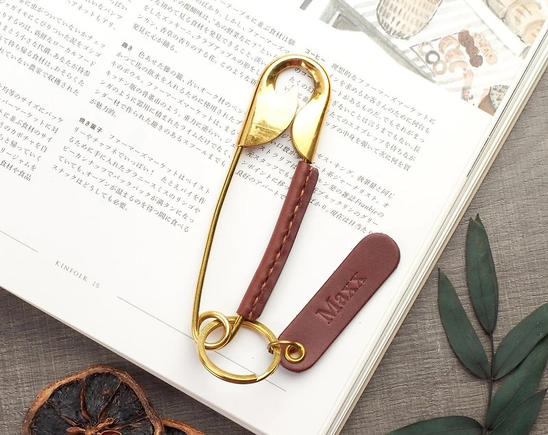 Unique Leather Wrapped Brass Brooch Keychain with Customizable Name Tag - Keychains - Genuine Leather Brown
