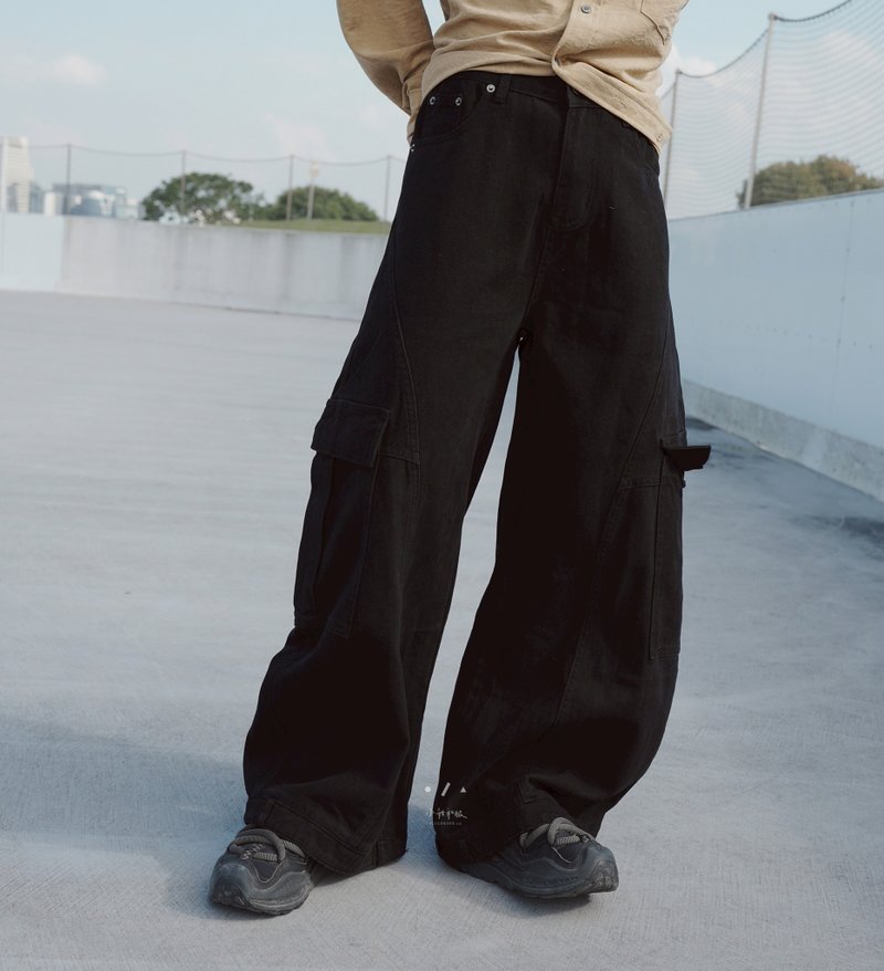 終於瘋了上下顛倒褲口水洗寬褲 - 2色 - 黑 - 中性長褲/短褲 - 棉．麻 黑色