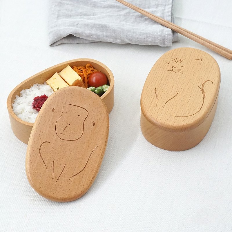 buna Natural Wood Ikimono Lunchbox 400ml Bento Box Kids Gift Present Container - กล่องข้าว - ไม้ สีกากี