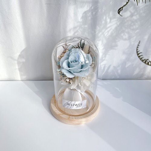 WEIWEI FLOWER 威威花藝設計 母親節禮盒/客製化禮物 LED玫瑰小花束永生花玻璃鐘罩-薄荷藍