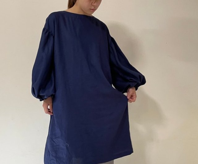 Balloon sleeve linen dress dark blue - Shop shizendo One Piece