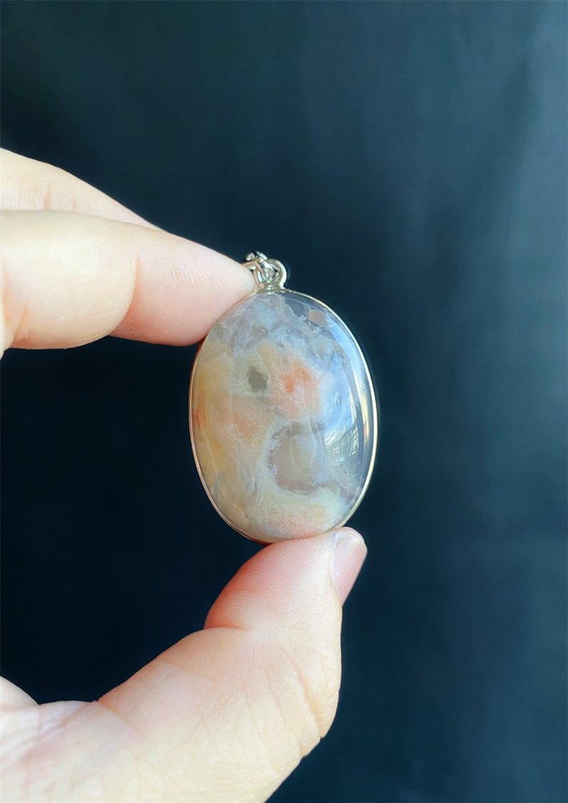 【售出】櫻花瑪瑙 蜜桃粉 油畫風 水中花 S925銀鑲拖 吊墜 天然石 - 項鍊 - 水晶 粉紅色