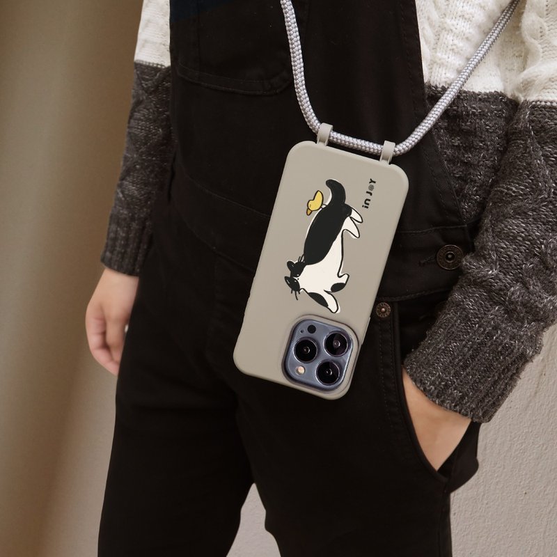 Tuxedo cat  TPU Necklace iPhone Case With Detachable Cord For 16,15,14,13,12case - เคส/ซองมือถือ - พลาสติก สีเทา