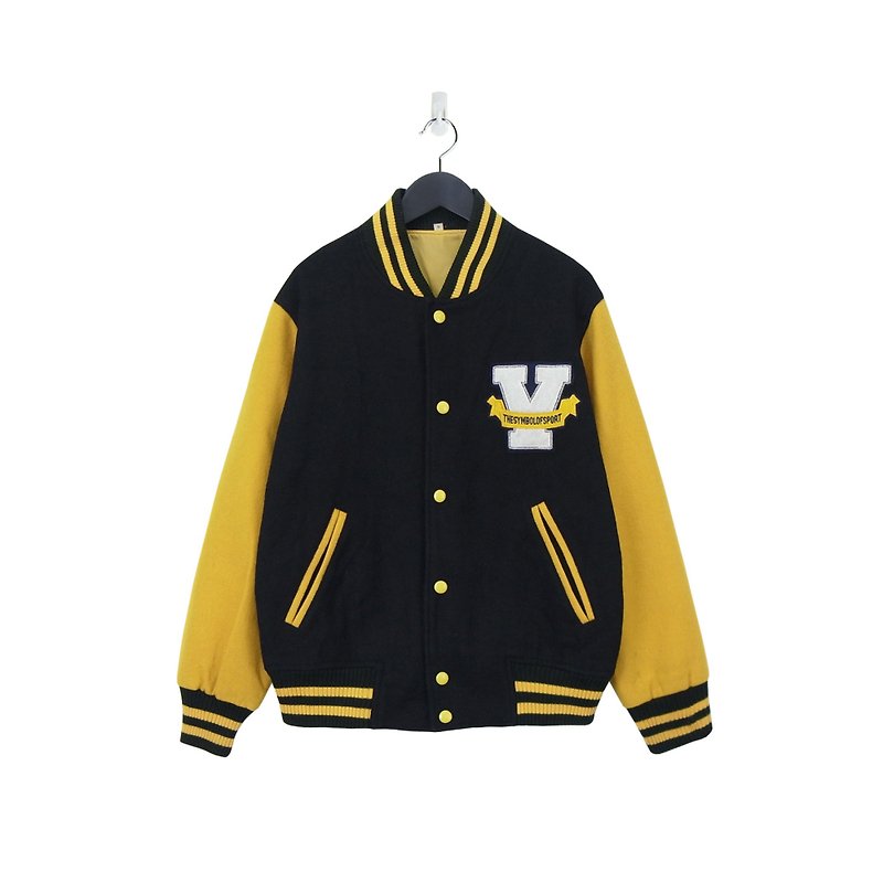 A‧PRANK: DOLLY :: American retro VINTAGE yellow and black bicolor wool baseball jacket (J711084) - เสื้อแจ็คเก็ต - ผ้าฝ้าย/ผ้าลินิน 
