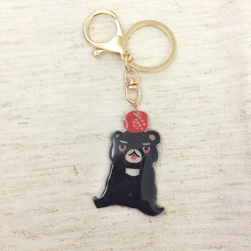 Oops bear - 吐舌黑熊與小紅球 匙扣 - 鑰匙圈/鎖匙扣 - 壓克力 白色