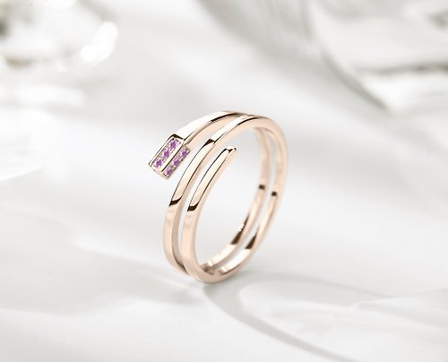 Majade Jewelry Design 紫水晶14k金長方形訂婚戒指 另類環狀矩形求婚鑽戒 三圈結婚戒指